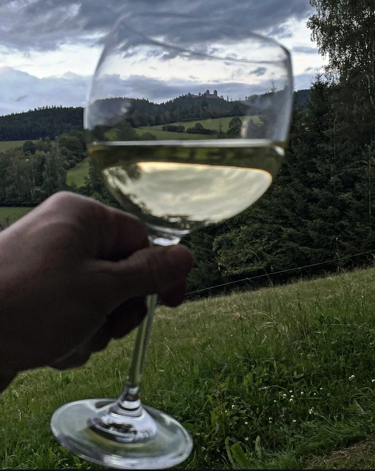 Výhled přes sklenku na hrad Kašperk